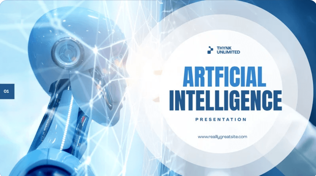 Artificial intelligence presentation with a robot head and navy title